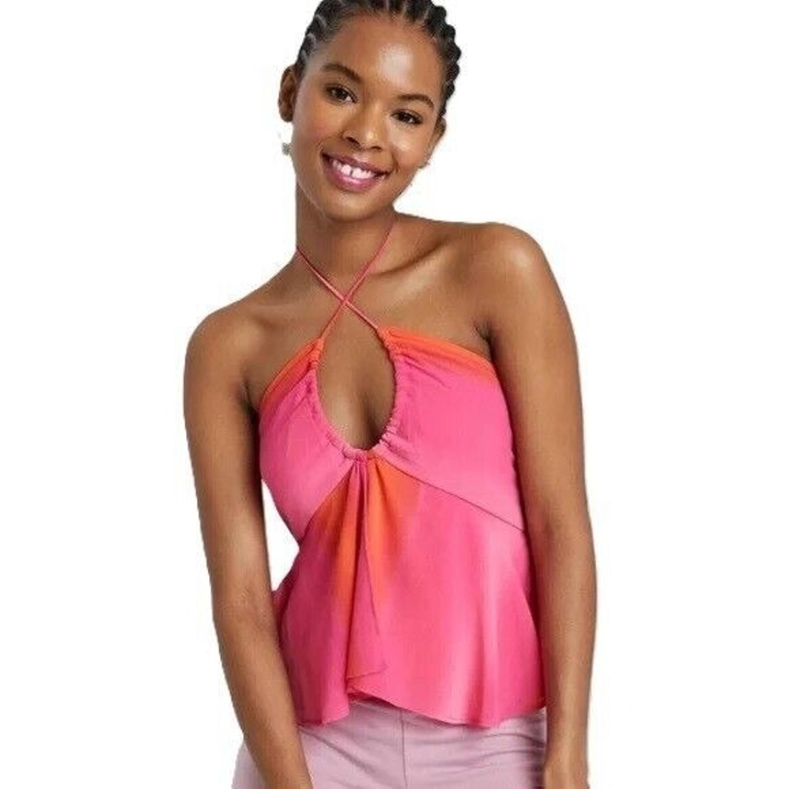 Wild Fable Women's Large Woven Flowy Sheer Layers Orange & Berry Pink Halter Top