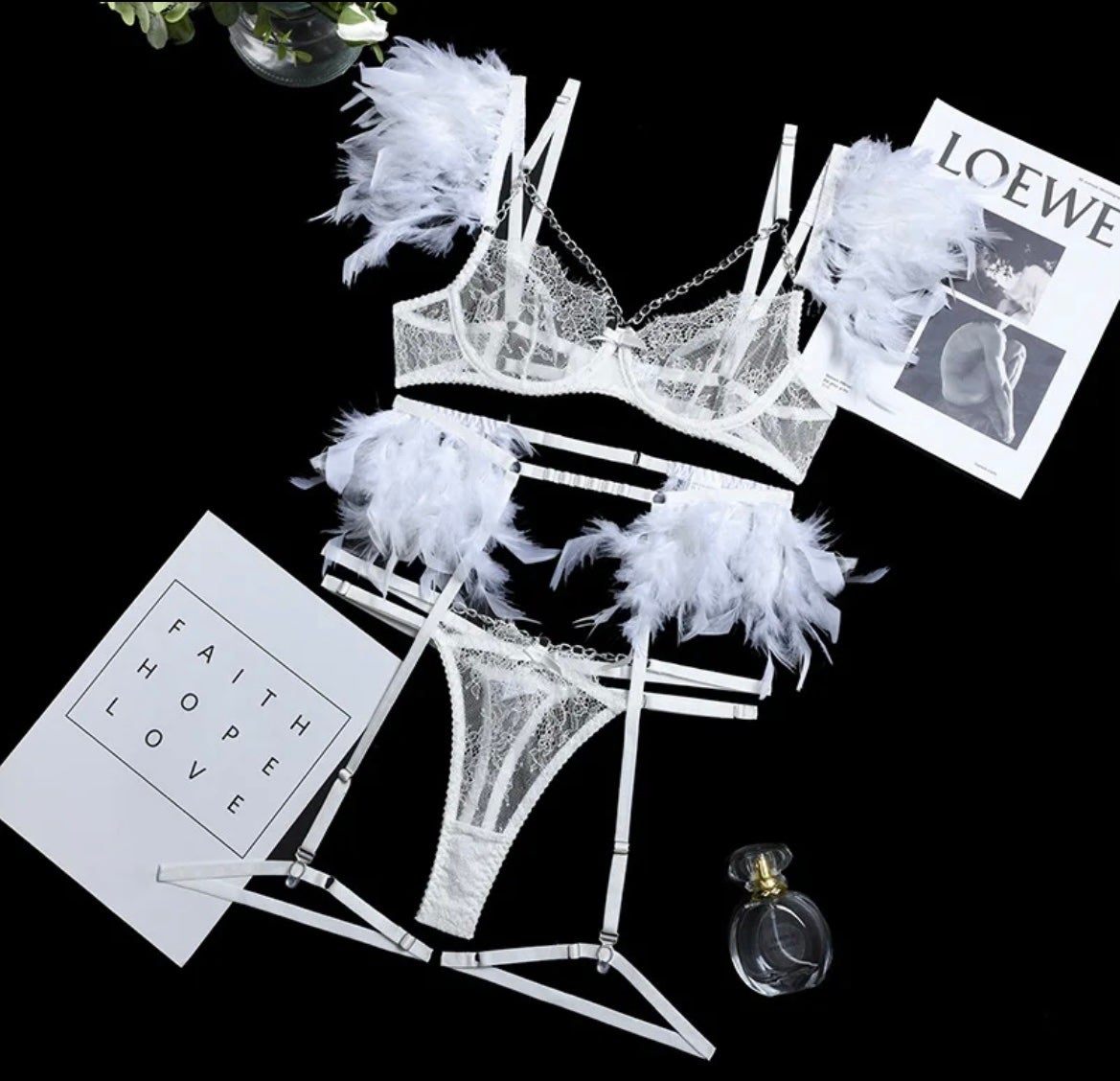WHITE LACE FEATHERS AND RHINESTONE BRA AND PANTY SET