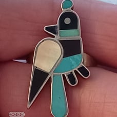 Vtg.1960'S native sterling silver ROADRUNNER Inlaid turquoise/mop/onyx ring-sz6