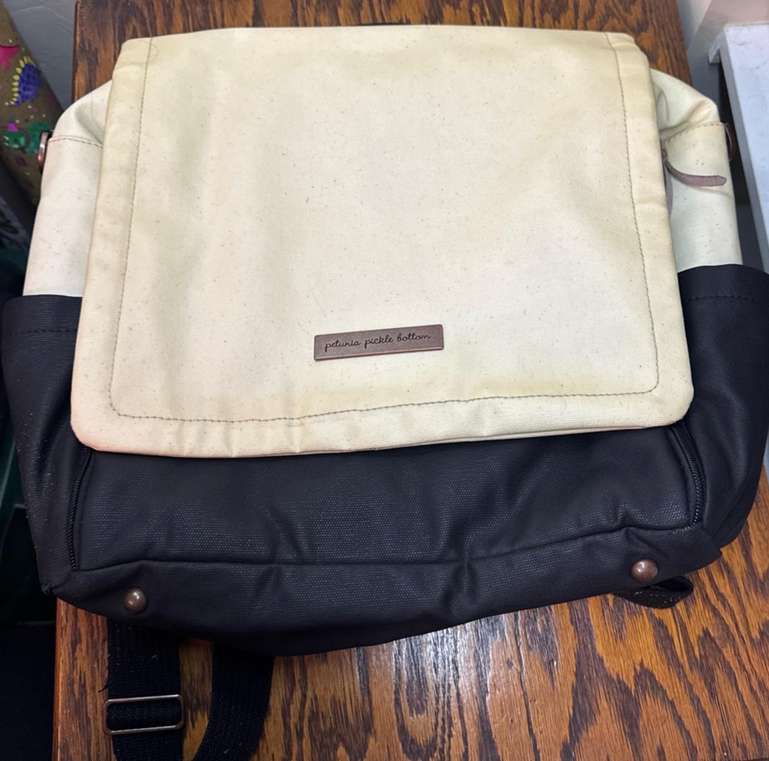 Petunia Pickle Bottom Diaper Bag Boxy Backpack Sand and Black