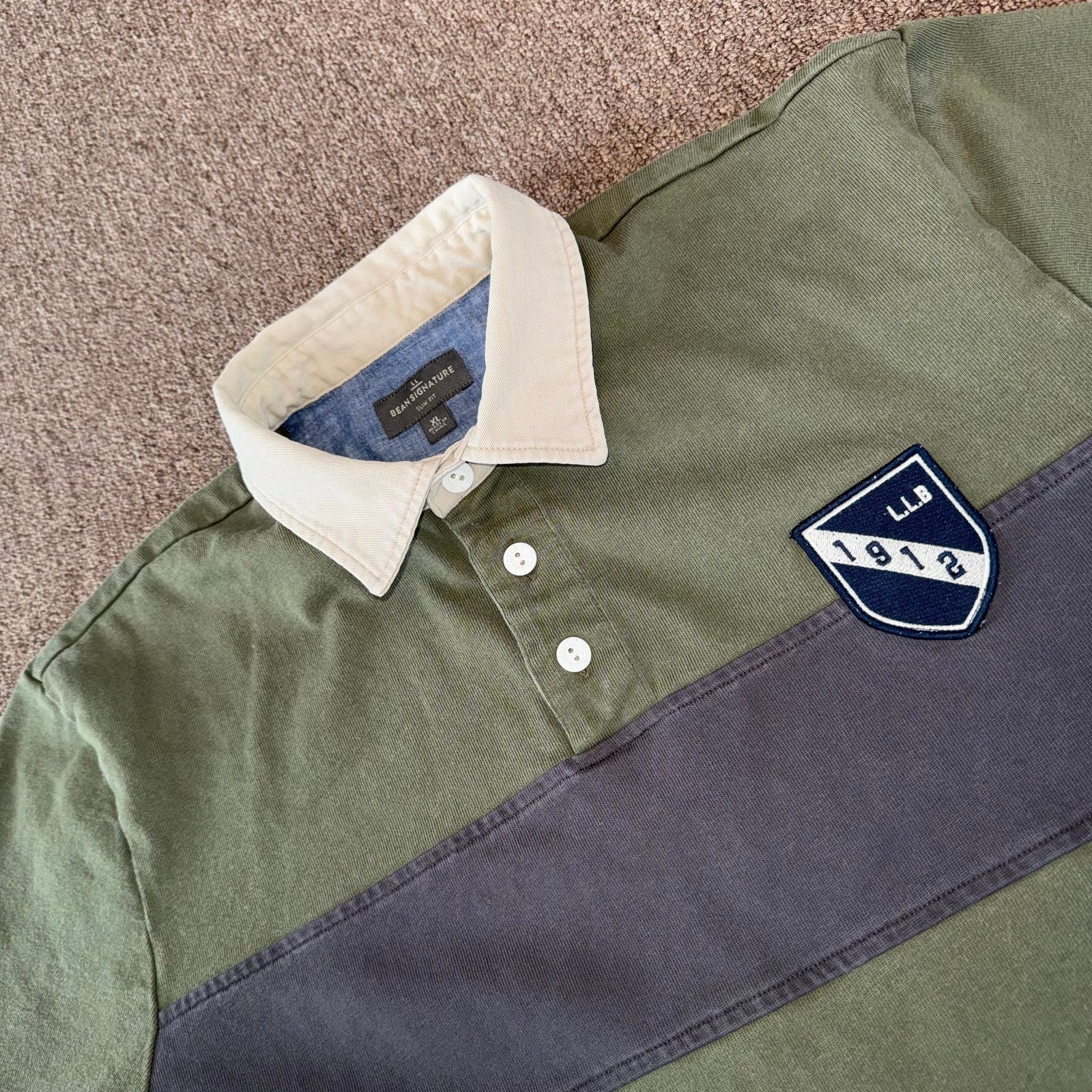 LL Bean signature slim fit mens size XL rugby long sleeve shirt green patch