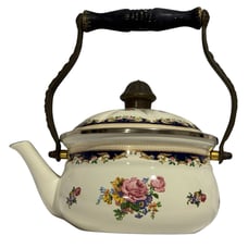 Vtg ASTA Enamelware Tea Kettle Teapot Brass Handles Floral Romance West Germany