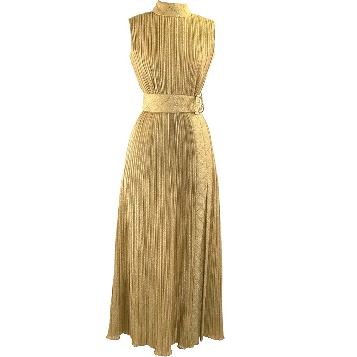 Vtg 60s 70s Gold Lurex Lame Pleated Maxi Dress Gown Belt As seen in Palm Royale