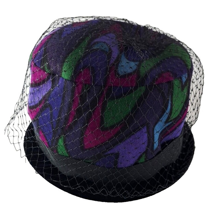 Vintage Womens Fedora Hat Bowler W Bow Veil 1980s Blue Purple Glam Rocker 22 M