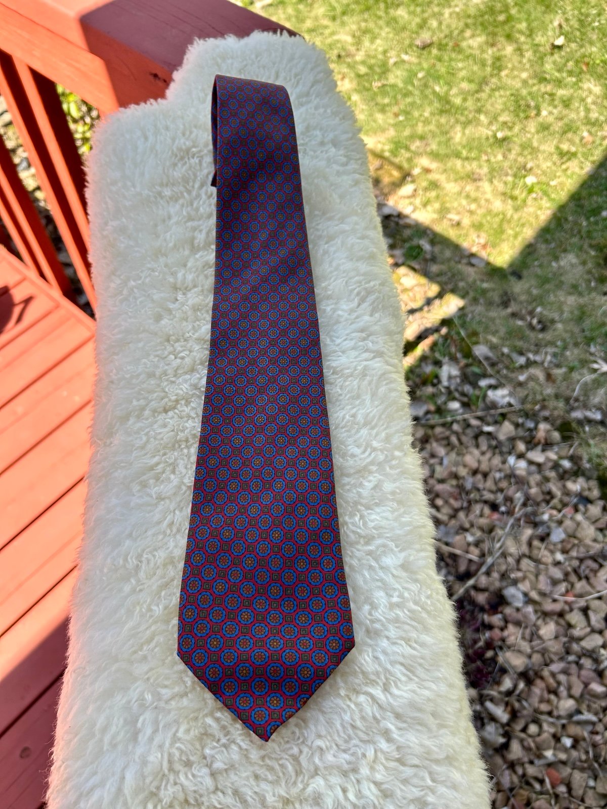 Vintage Coach silk tie burgundy with blue and green repeating pattern