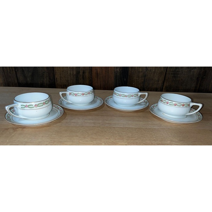 Antique Rosenthal Pink Roses Donatello Coffee Cup and Saucer Germany Set of 4