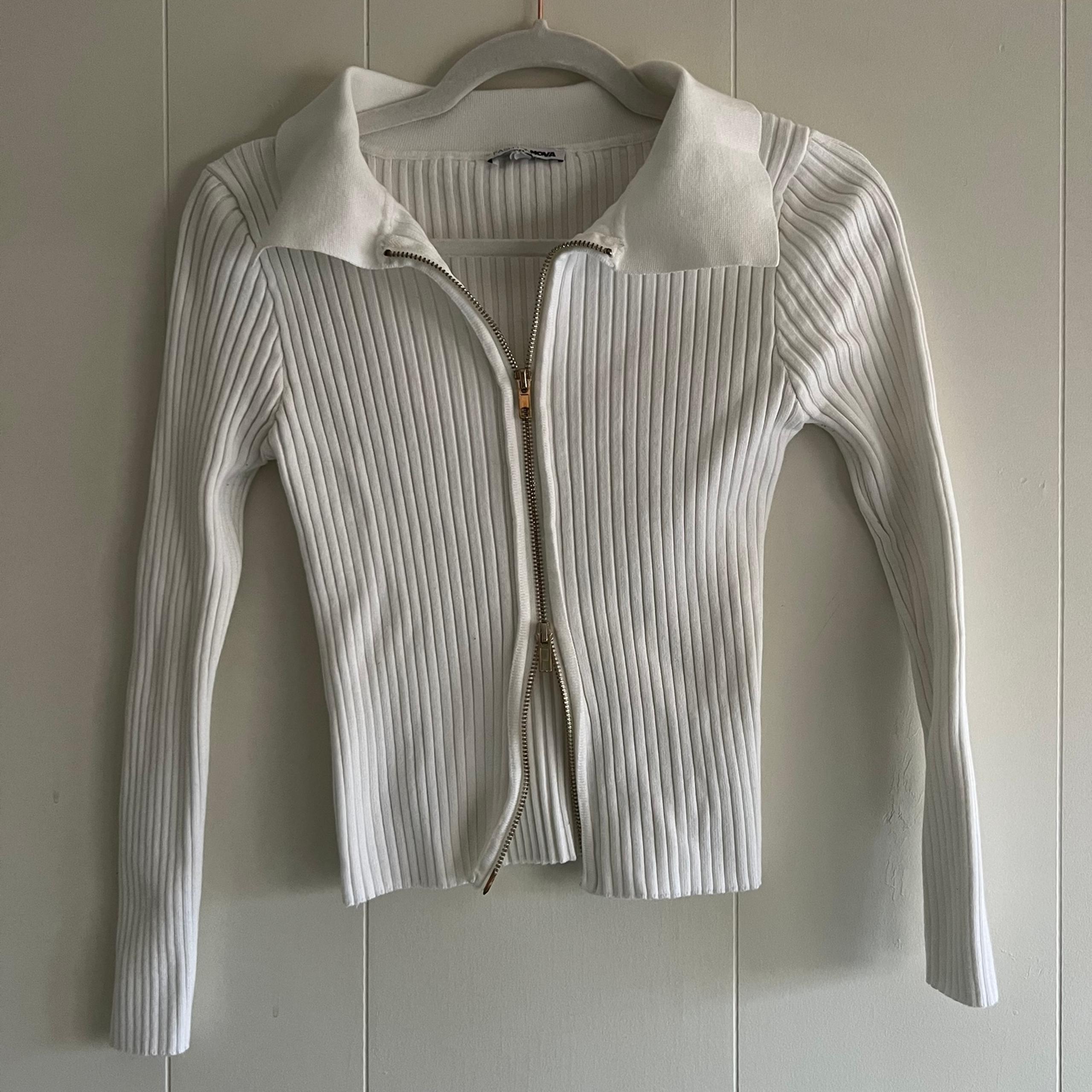 Fashion Nova White Ribbed Zip-Up Sweater Cardigan Cropped Large