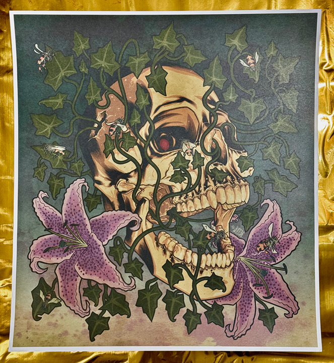 Dead Spring Skull & Flower tattoo-like design art print by Brian Ewing 18x18