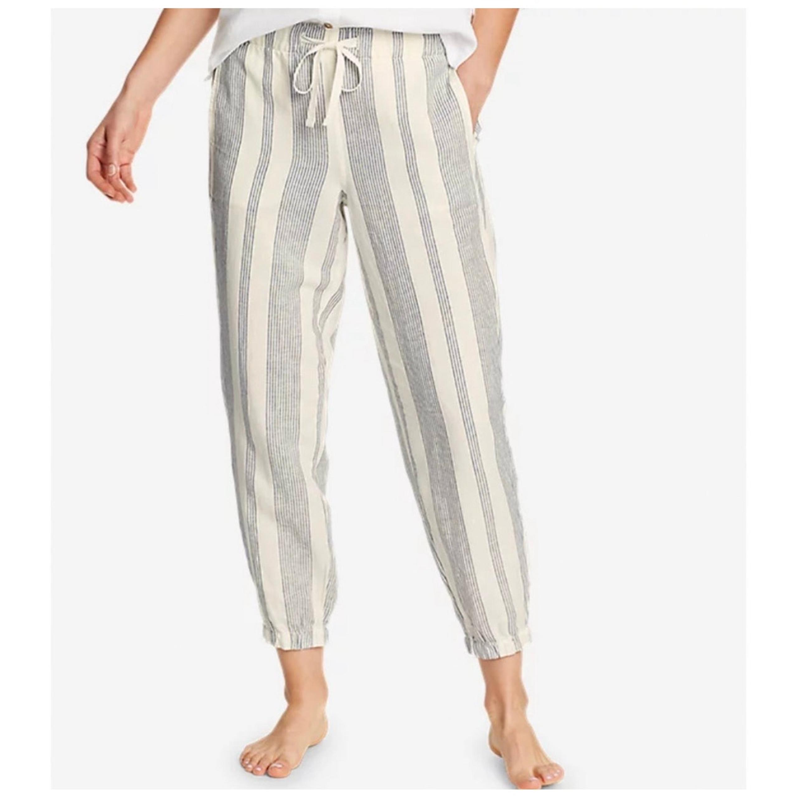 Eddie Bauer Linen Cotton Jogger Pants Striped White Blue Summer Sz 10 Pockets