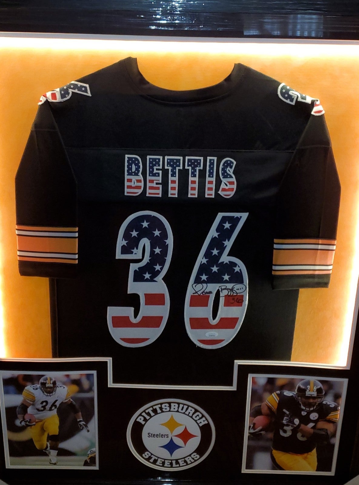 Read Description Jerome Bettis LED Framed Autographed Custom Flag Jersey (JSA)