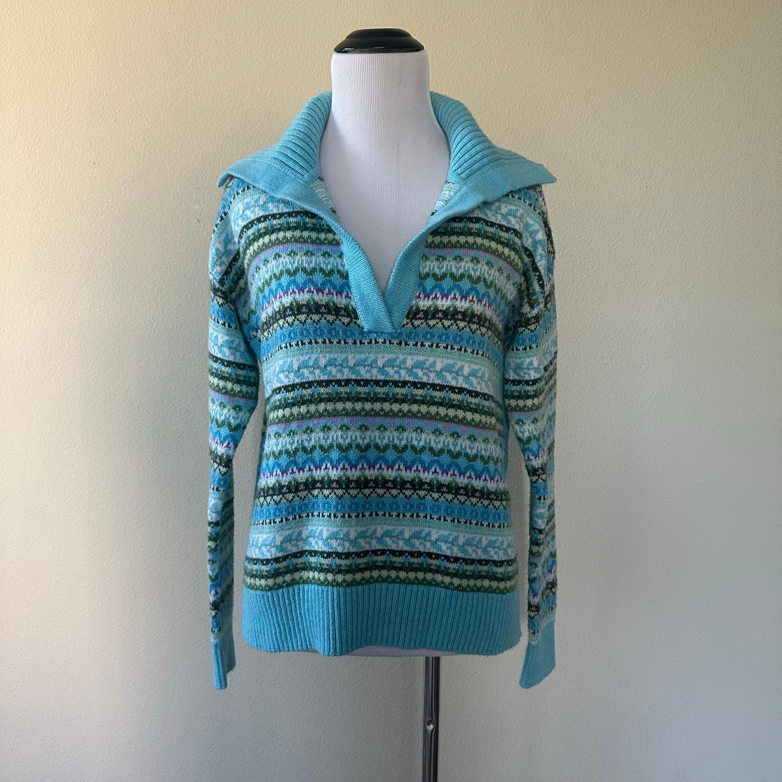 Talbots Johnny Collar Sweater Fireside Fair Isle Opal Blue Heather Multi Size XS