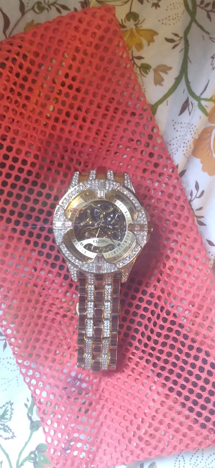 Gold plated stainless steel crystal embedded Elign men's skeleton watch