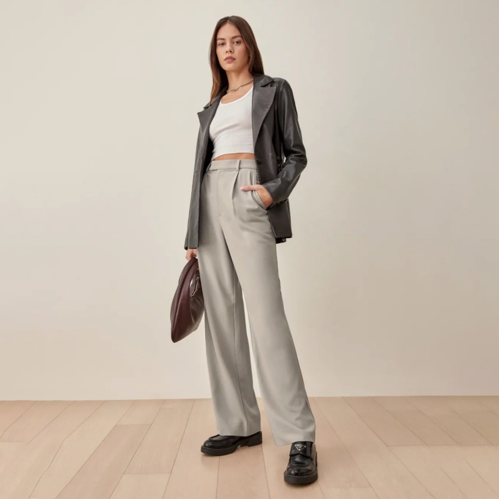 Reformation Jordana Gray High Rise Pleated Loose Trouser Pants Size 12