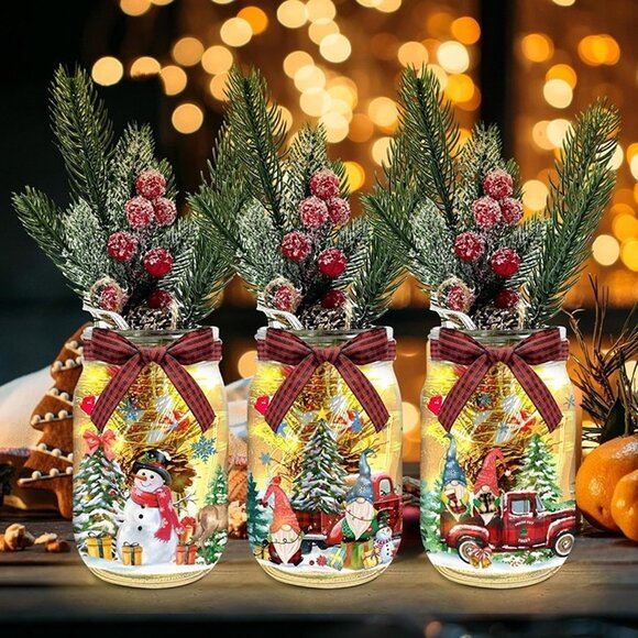 NEW 3 Piece Set,Cute Christmas Decorations Mason Jars With Strings Of Lights