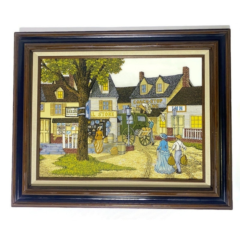 H Hargrove General Store Serigraph on Canvas Framed Coach Stop 21 x 17