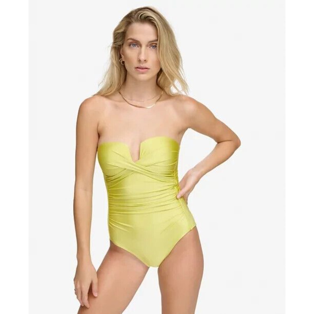 Calvin Klein Shirred Tummy-Control Bandeau One-Piece Swimsuit, Pear Shimmer, 4