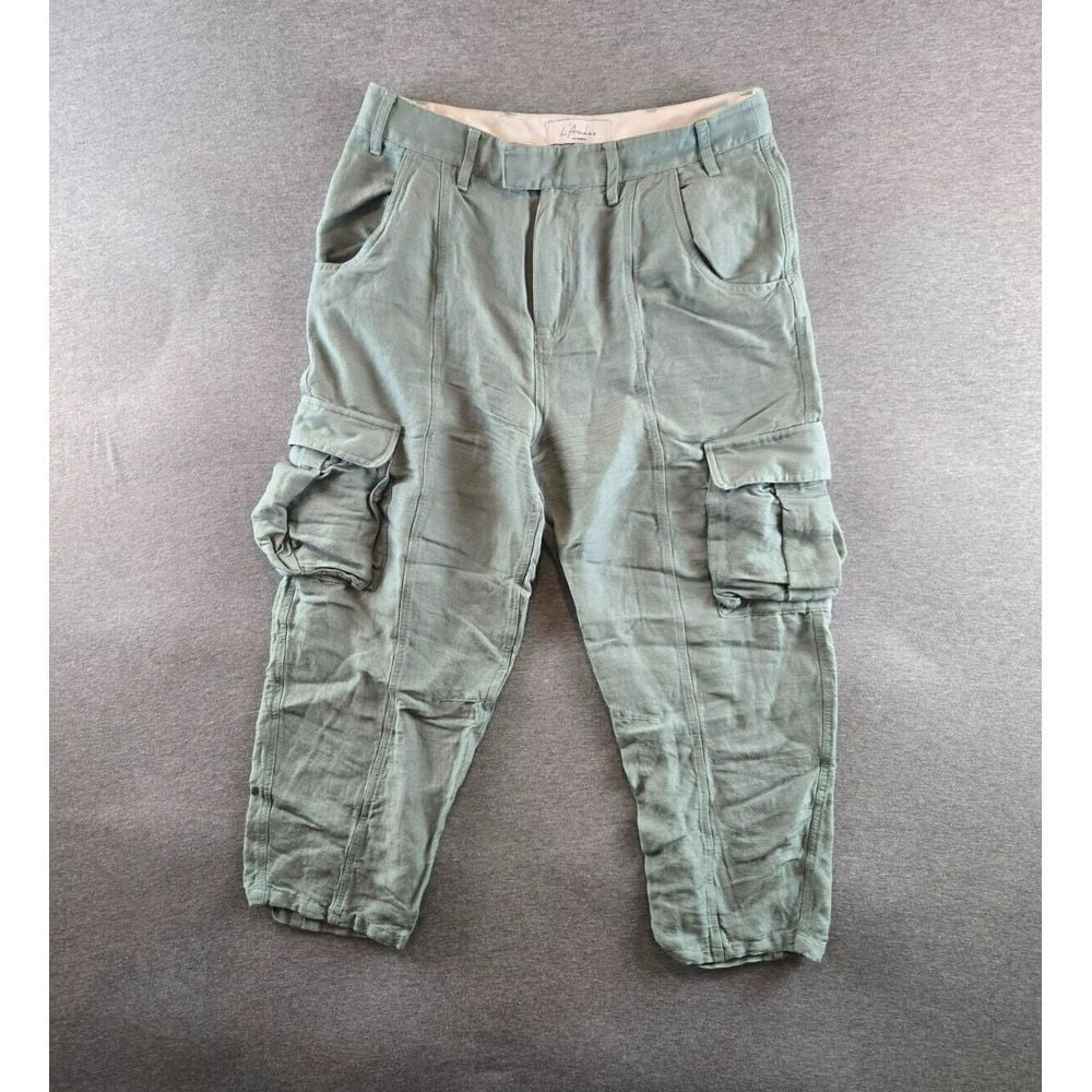 L Academie Womens Pants Size M Linen & Rayon Blend Cargo Pants - Teal Baggy BOHO