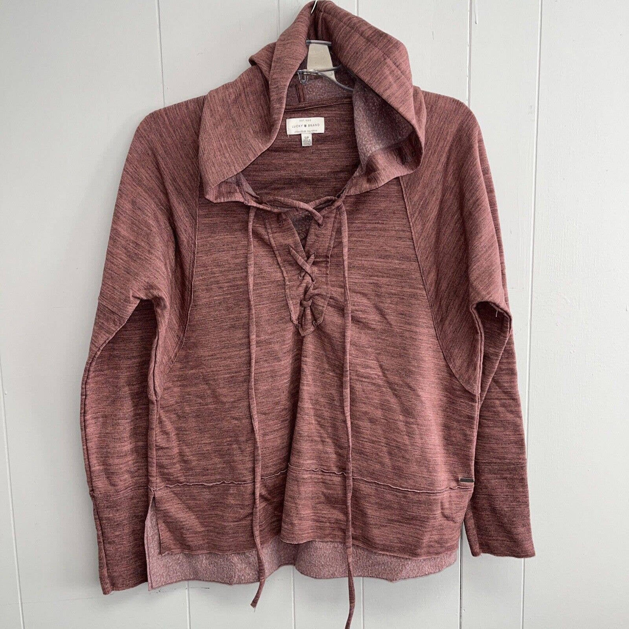 Lucky Brand Fleece Women’s Pullover Hoodie Lace Up Size S/P Rose Color