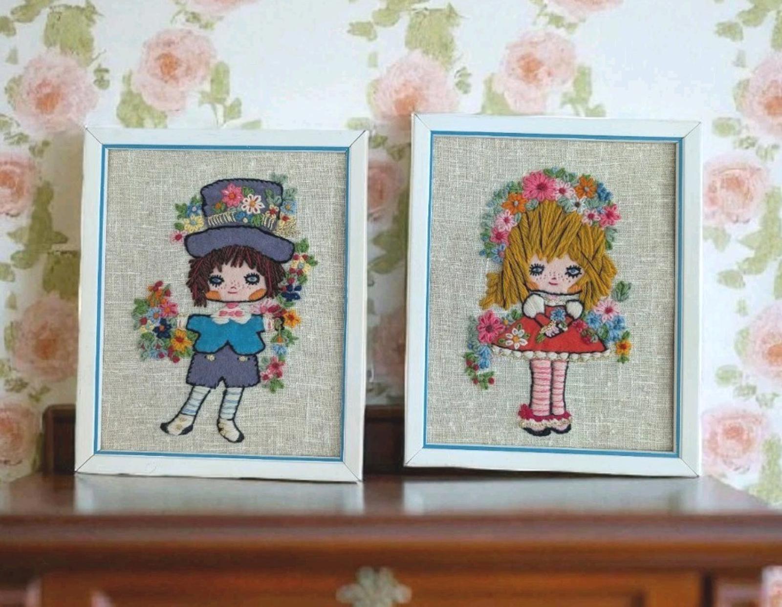 Vintage 1960s 70s Handmade Crewel Embroidery Wall Art Big Eye Boy Girl...
