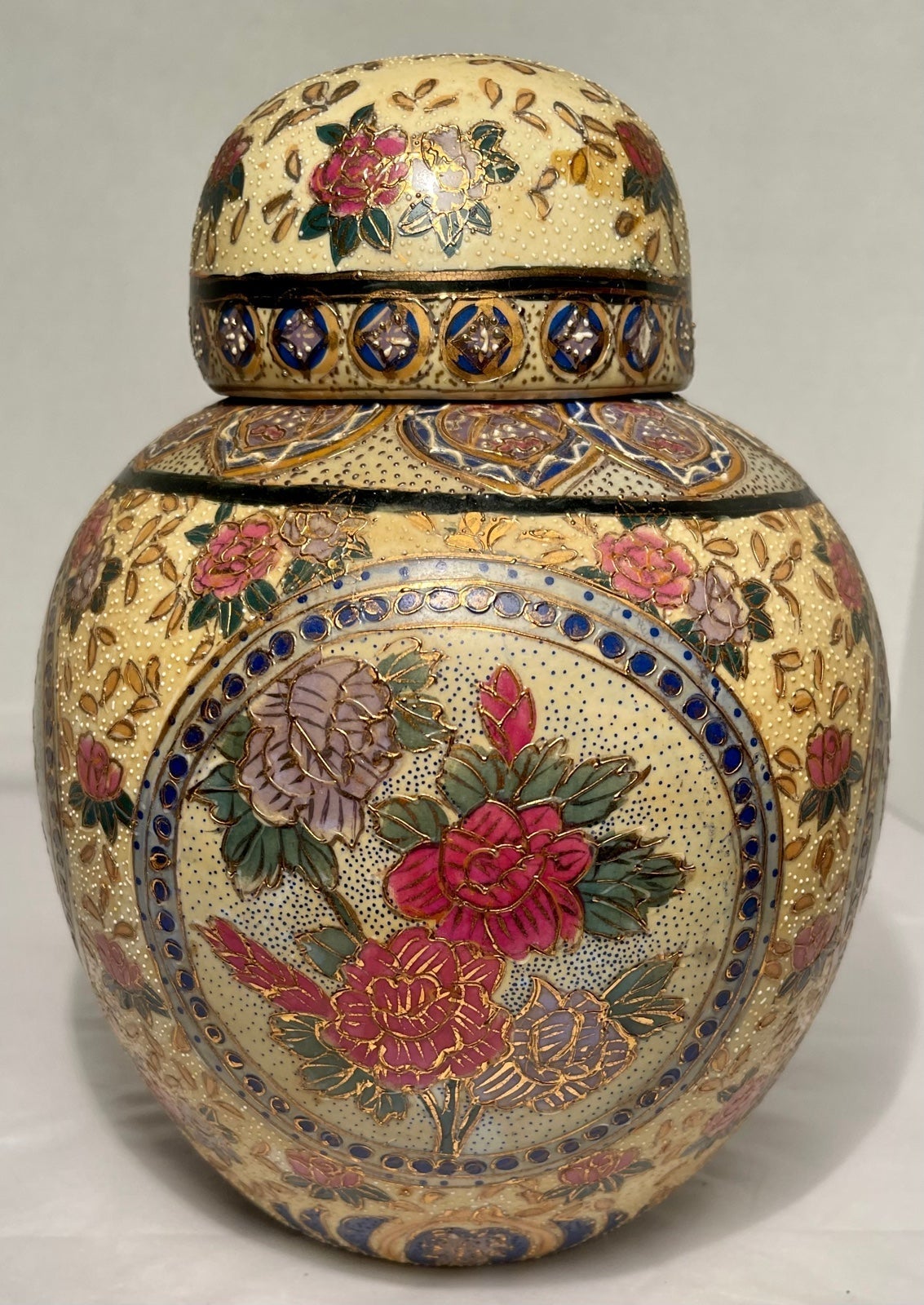 Hand Painted Porcelain Ginger jar Raised Beaded Painting & Gold Gilding