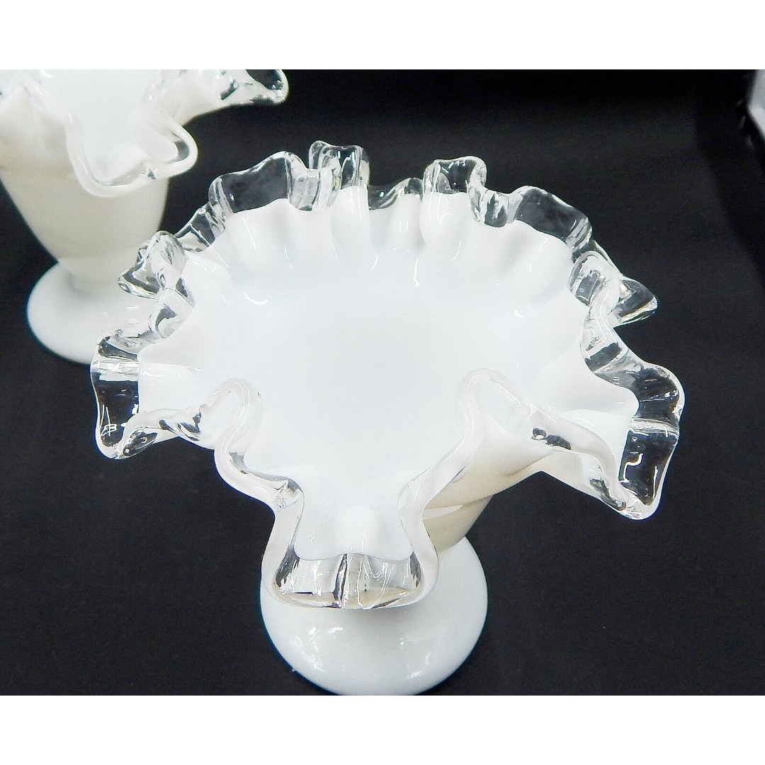Fenton Milk Glass Silver Crest Ruffled Edge Footed Trumpet Vase 4 Inch Pair - detail