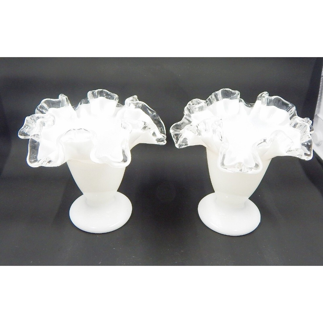 Fenton Milk Glass Silver Crest Ruffled Edge Footed Trumpet Vase 4 Inch Pair - detail