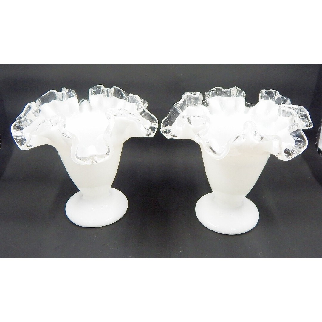 Fenton Milk Glass Silver Crest Ruffled Edge Footed Trumpet Vase 4 Inch Pair - detail