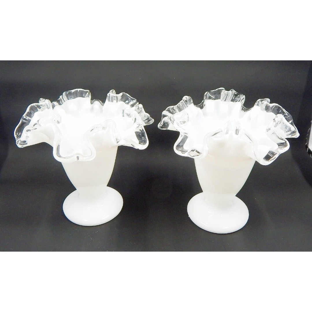 Fenton Milk Glass Silver Crest Ruffled Edge Footed Trumpet Vase 4 Inch Pair - detail