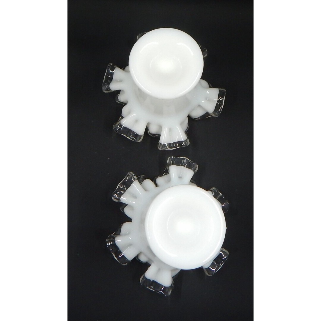 Fenton Milk Glass Silver Crest Ruffled Edge Footed Trumpet Vase 4 Inch Pair - detail