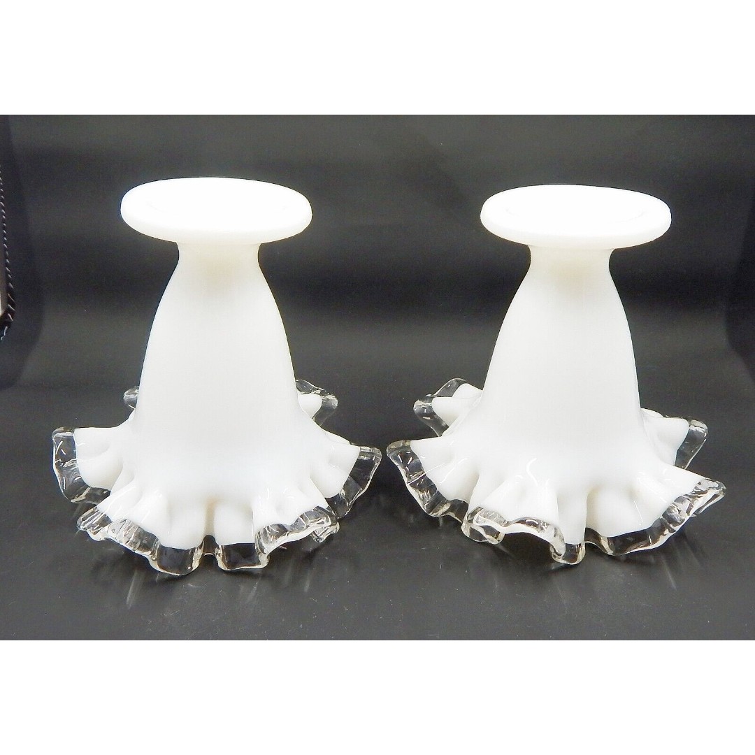 Fenton Milk Glass Silver Crest Ruffled Edge Footed Trumpet Vase 4 Inch Pair - detail