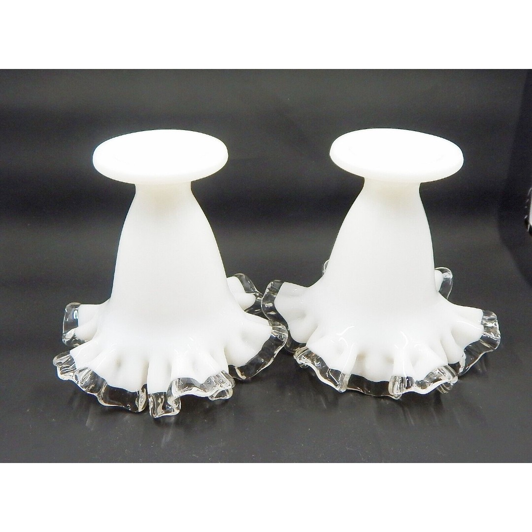 Fenton Milk Glass Silver Crest Ruffled Edge Footed Trumpet Vase 4 Inch Pair - detail