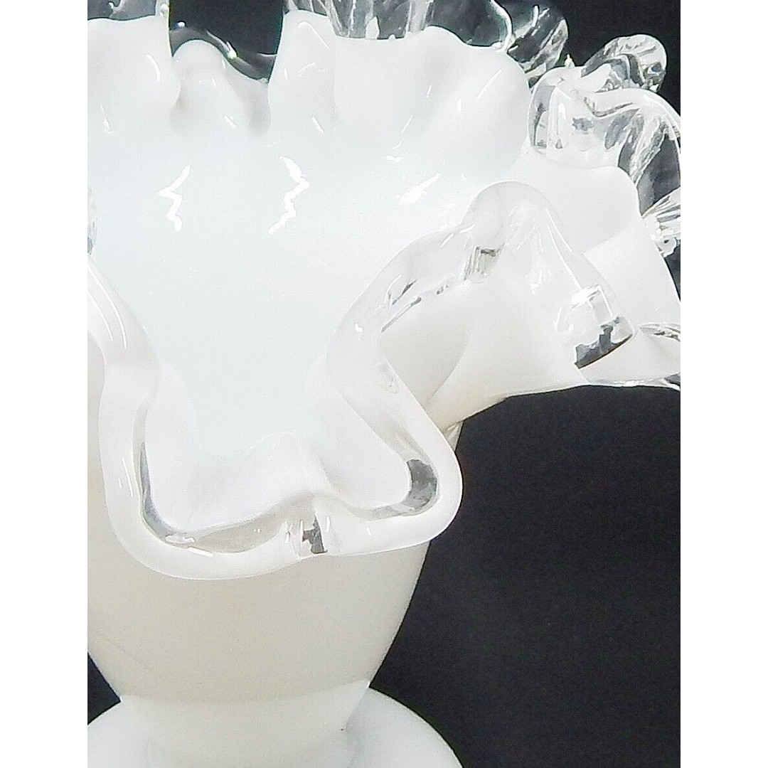 Fenton Milk Glass Silver Crest Ruffled Edge Footed Trumpet Vase 4 Inch Pair - detail