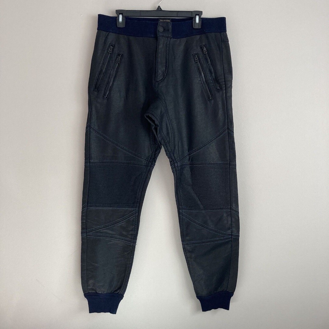 True Religion Mens Coated Moto Jogger Pants Jet Black Size Medium Pockets