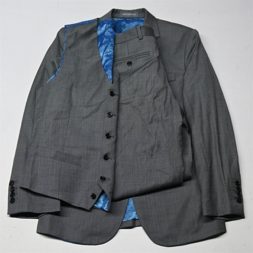 Indochino 34S 30x32 Gray Birdseye 100% Wool Mens 3 Piece Suit