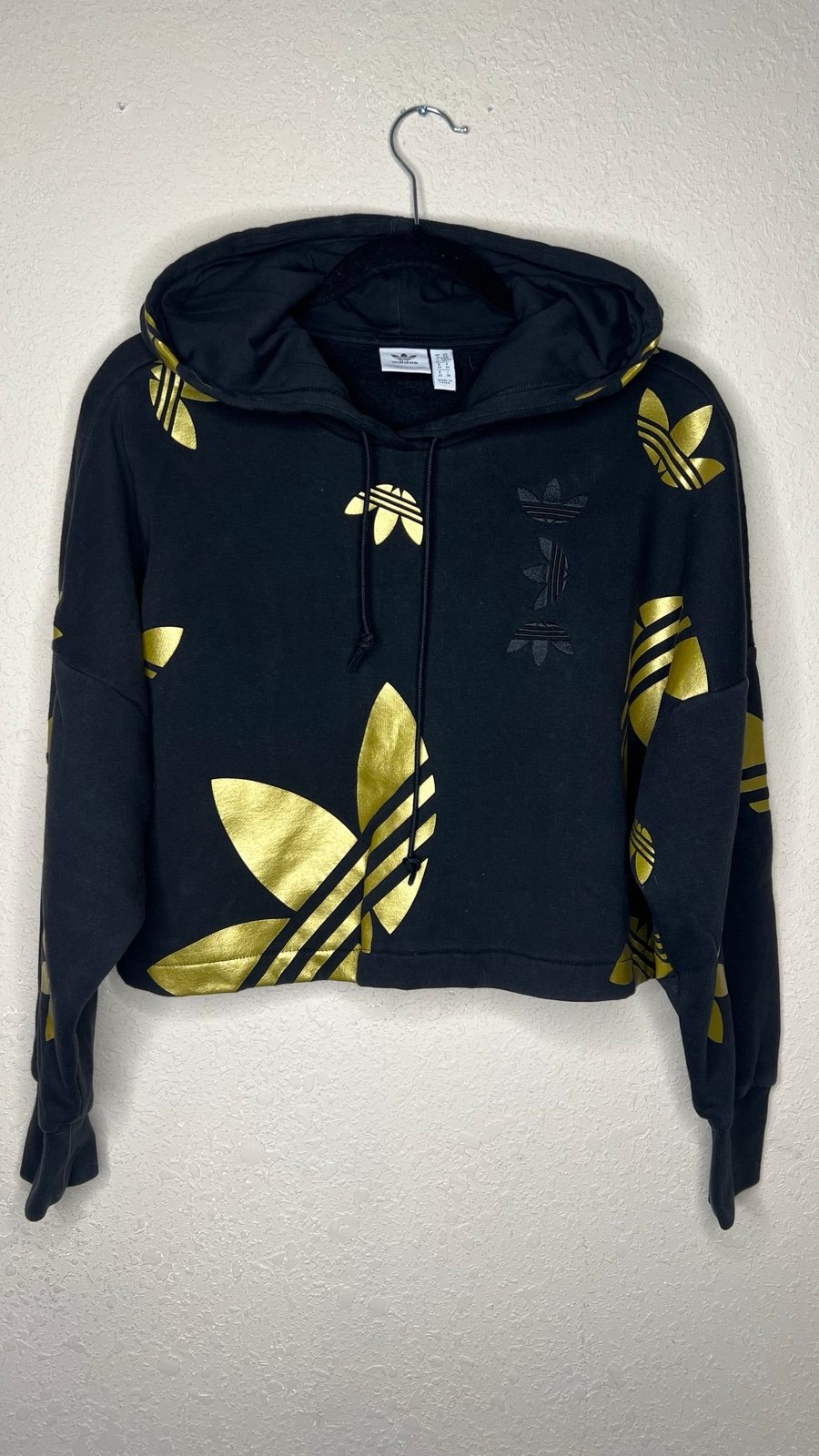 Adidas Original Large Gold All-Over Logo Cropped Hoodie
