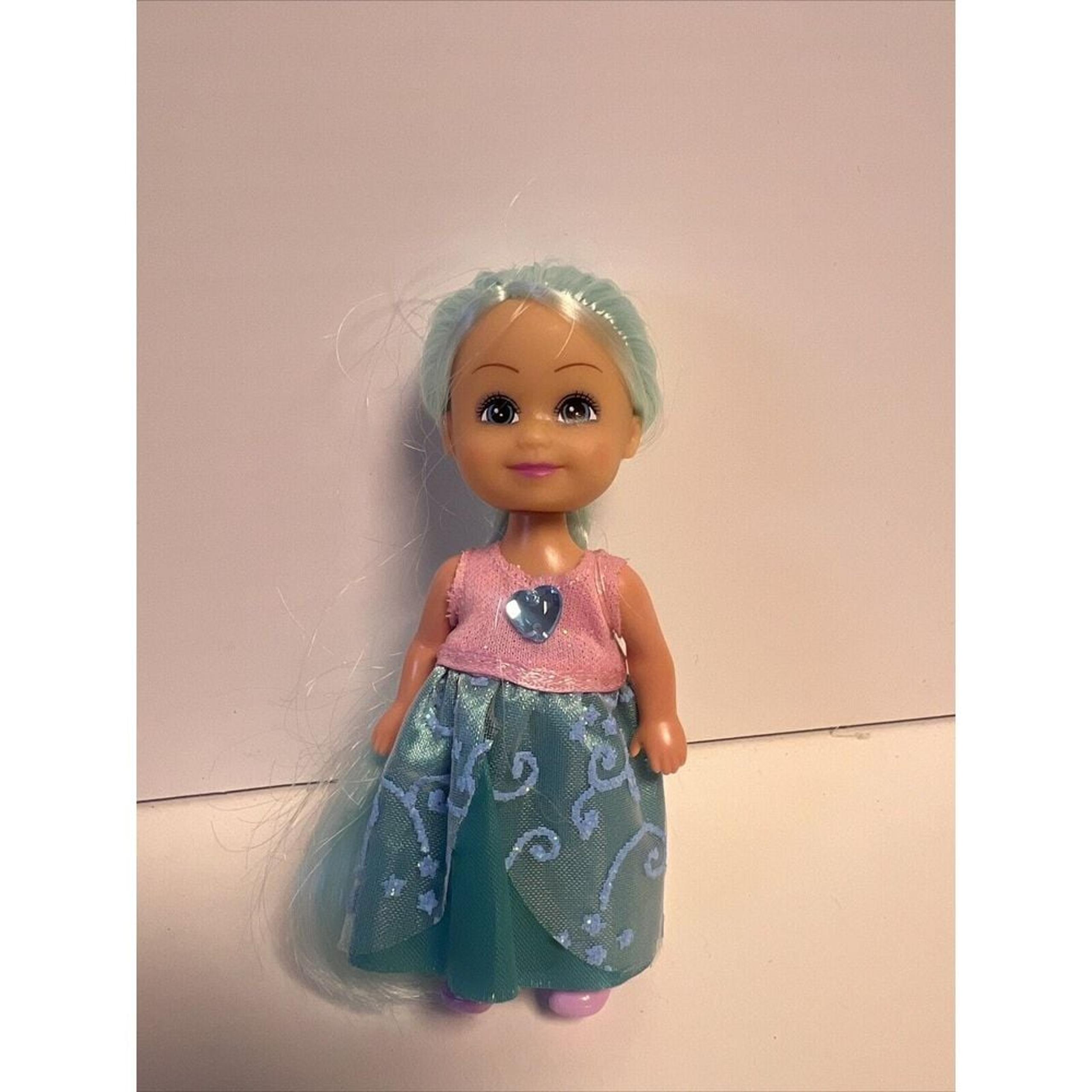 4" Fashion Doll W/ Blue Hair Wearing Blue/Pink Dress & Purple Shoes