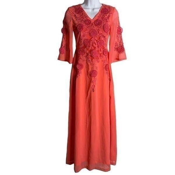 Vintage 60s Embroidered Chiffon Maxi Dress S Pink Floral Bell Sleeve Lined Zip