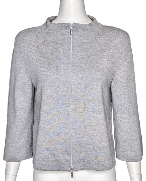 St. John Heather Gray Knit 3/4 Sleeve Funnel Neck 2-way Zip A-line Jacket Size 6