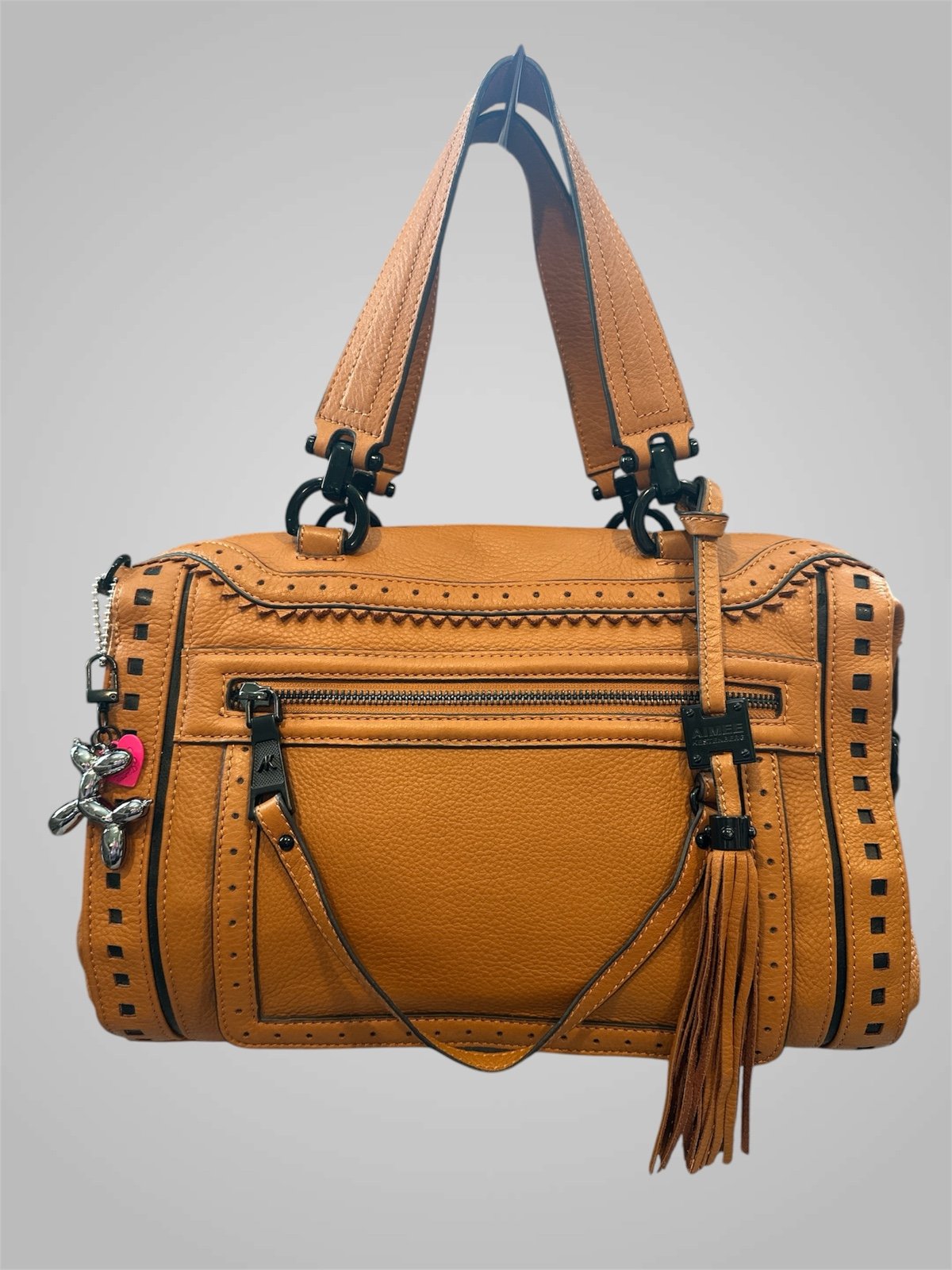Aimee Kestenberg April Pebbled Leather Satchel Tassels Storm Caramel