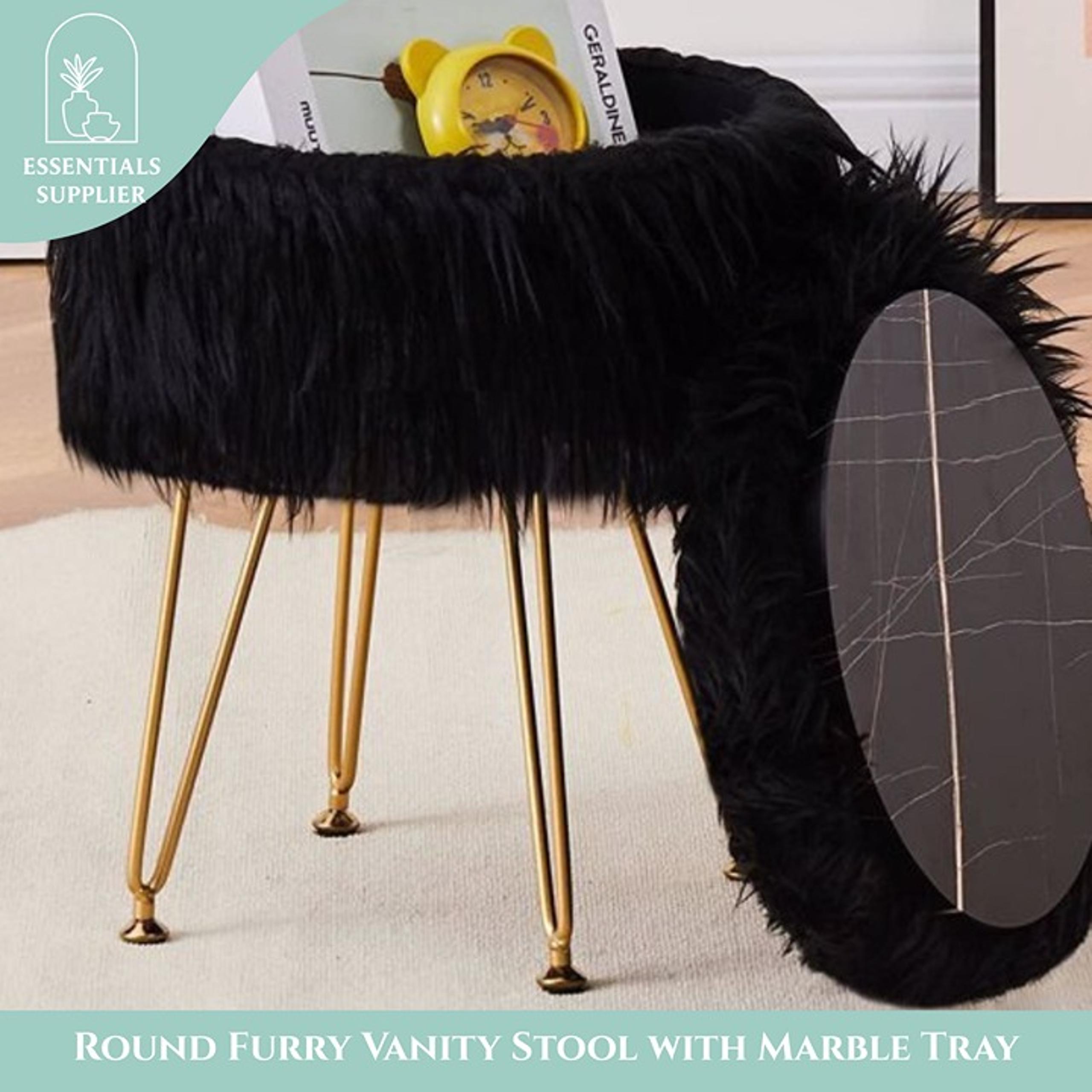 Faux Fur Ottoman Stool with Marble Tray, Footrest & Storage, Black Vanity Seat