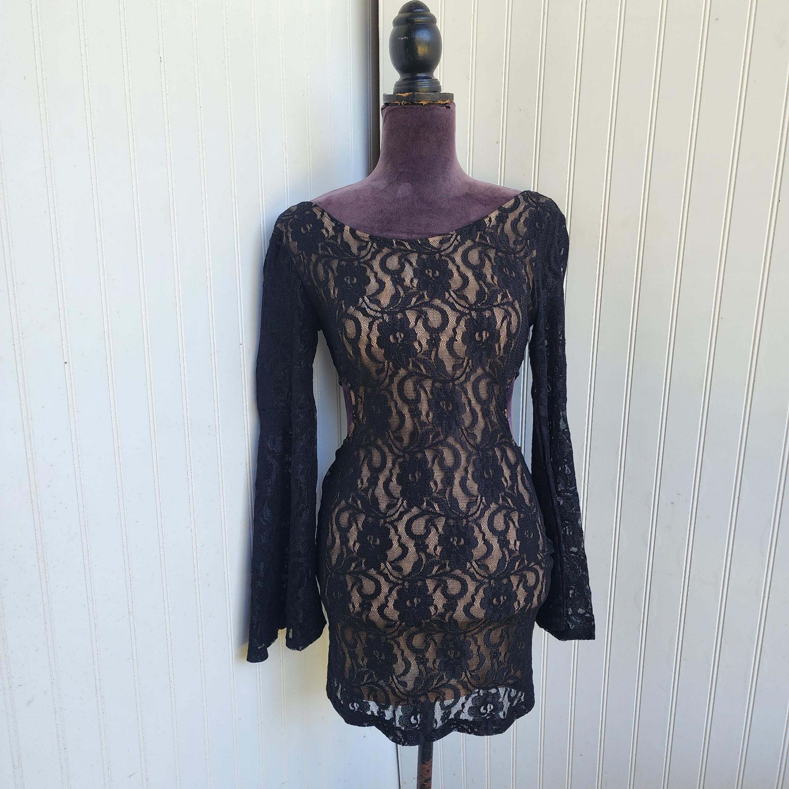 NWT Forever 21 Crochet Lace Mini Dress  Women Tan Black Sheer Overlay Bell Sz S