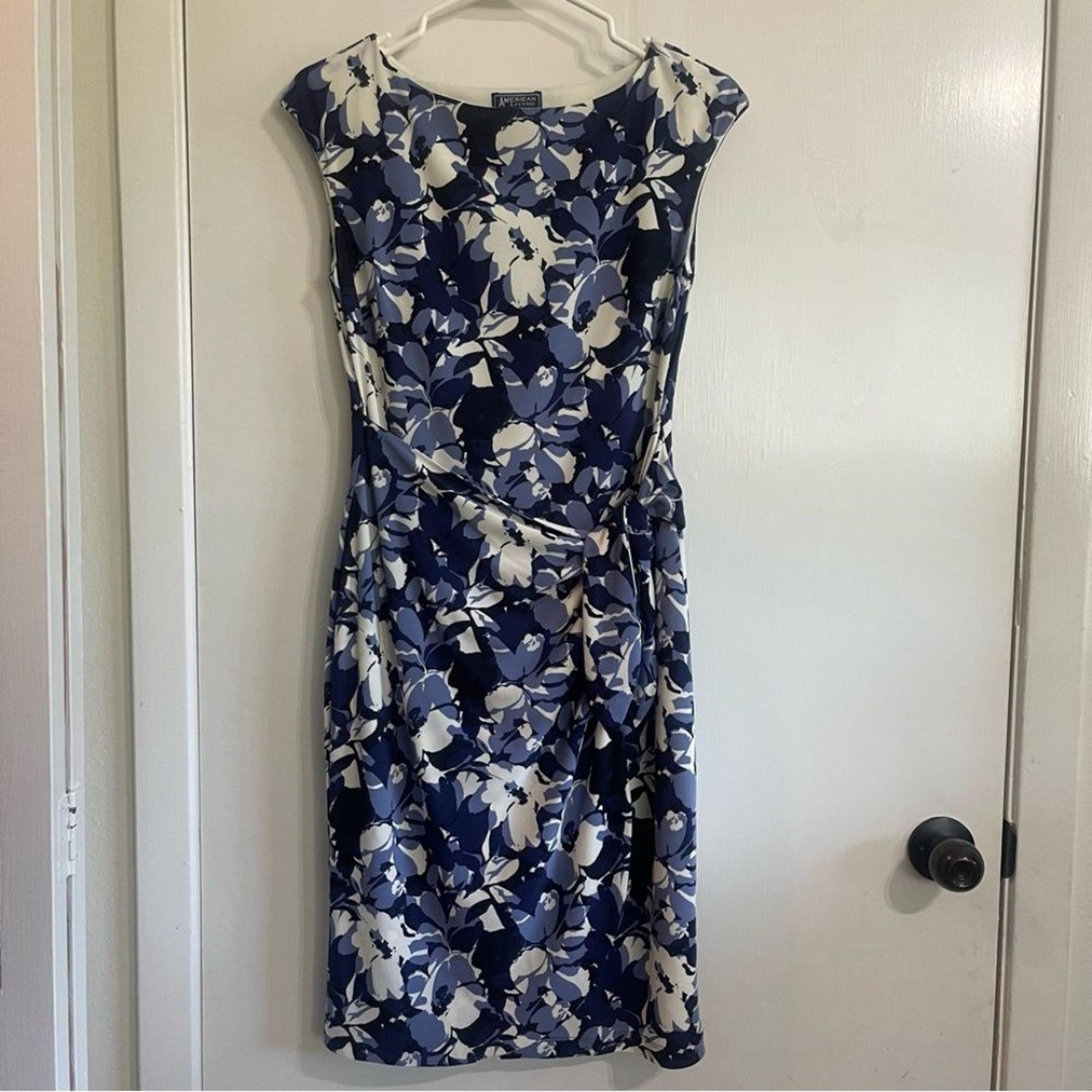 American Living Blue and White Sheath Dress Midi Cap Sleeve Size 2 Tie at waist