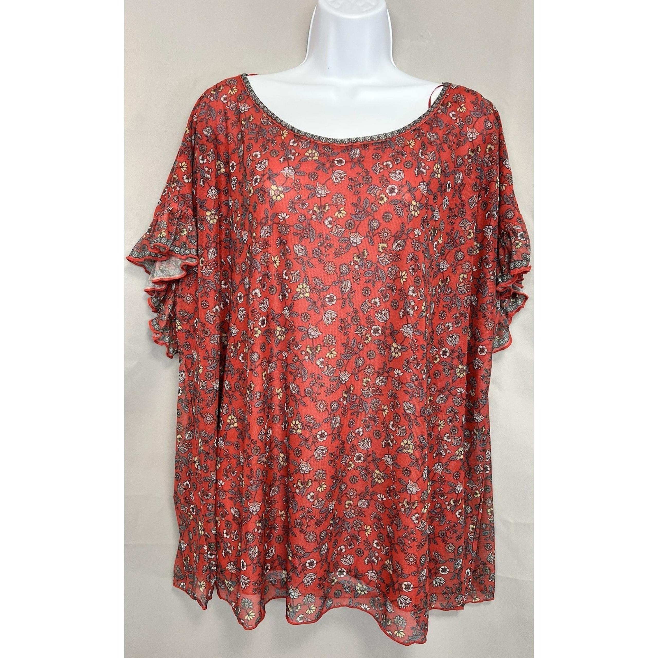 Max Studio Tunic Mesh Lined Blouse Ruffle Sleeve Floral Top Red Plus Sz 3X NWT