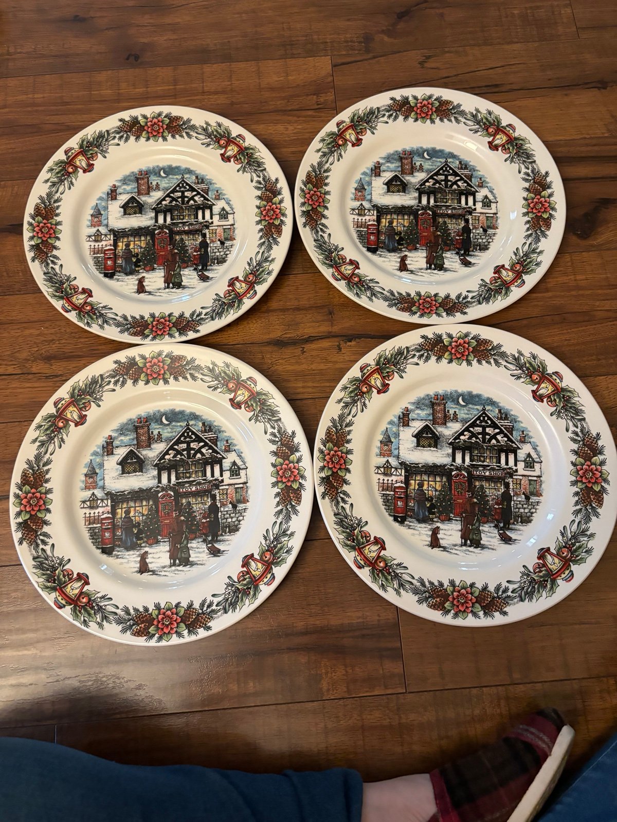 ROYAL STAFFORD SET 4 TOY SHOP DINNER PLATES CHRISTMAS