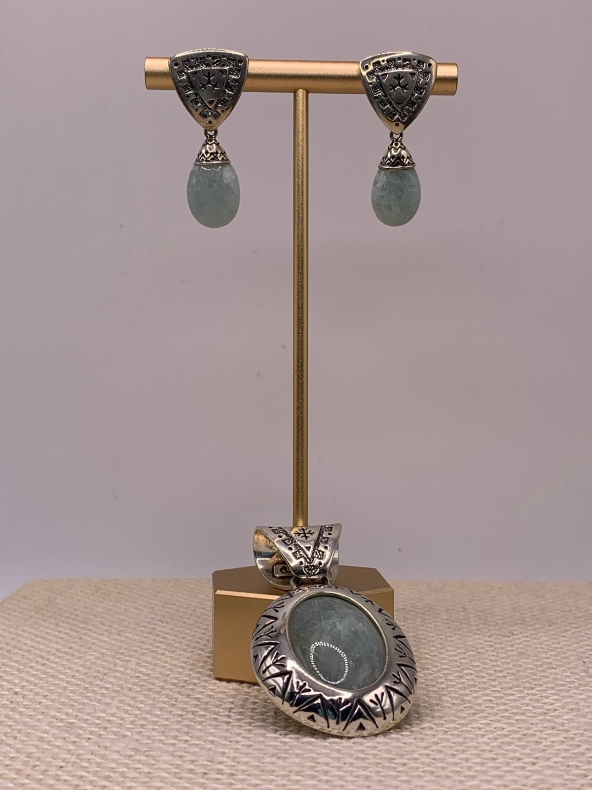 Sincerely Southwest Sterling Milky Aquamarine Pendant and Earrings Set