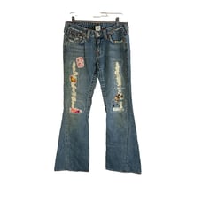 Vintage Y2K True Religion Womens 30 Woodstock Patchwork Distressed Flare Jeans