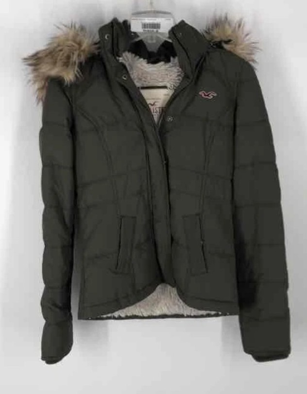 Hollister Green faux fur lined Hooded Puffer Jacket coat women's Small