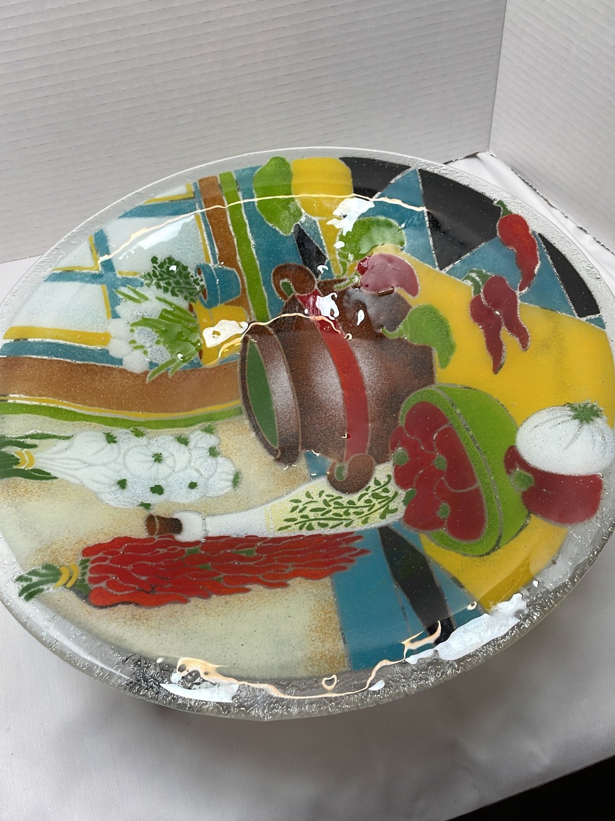 Peggy Karr Fused Art Glass 13 1/4 Round Red Chilis In Kitchen Bowl