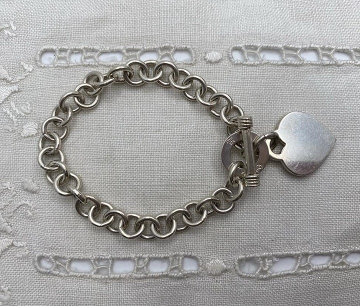 Sterling Silver 925 Cable Link Heart Charm Bracelet with Toggle Closure Vintage