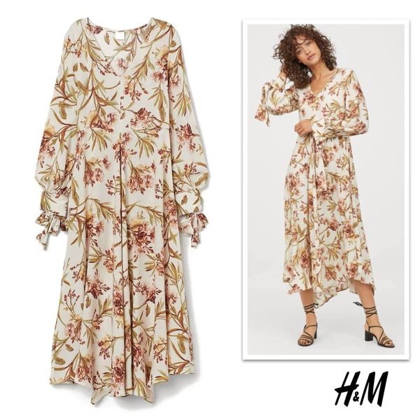 H&M Floral Print Long Sleeve Beige Asymmetrical Midi Dress. Size 12
